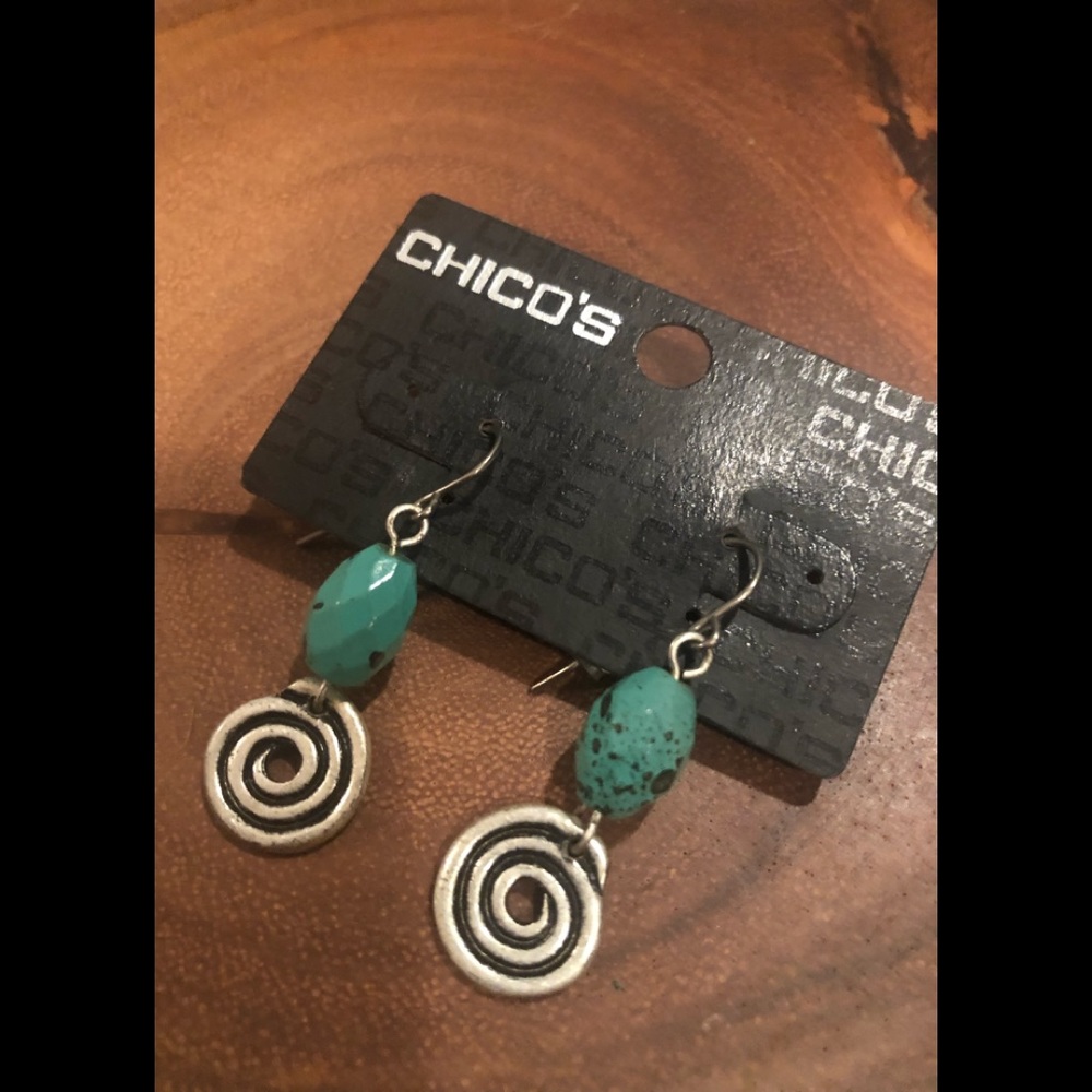 Chico’s Turquoise and Silver Round Swirl Dangly Earrings